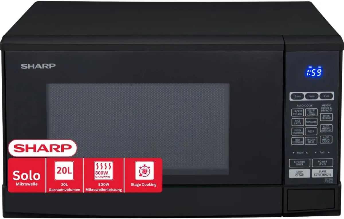 Sharp R-270BK Mikrowelle, 25, 5 cm, 20 L, 800 W, Timer, Mikrowellenofen, Schwarz, 10 Leistungsstufen, 8 AutoCook-Programme, Glasdrehteller