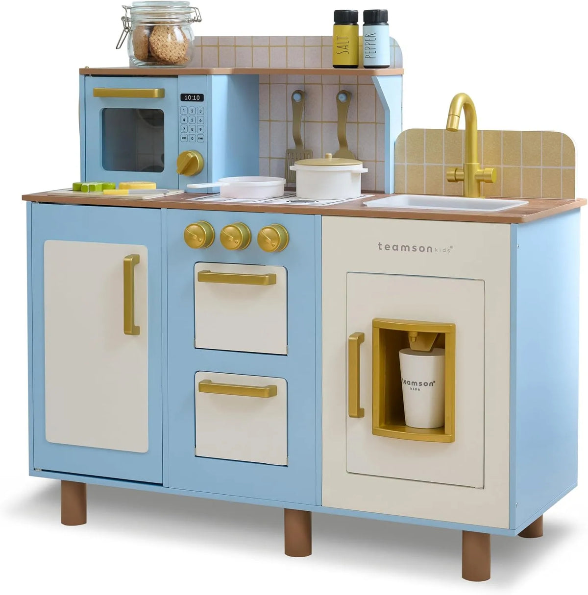 Gerätezubehör, klickbaren Drehknöpfen, Stauraum und 17 Zubehörteilen, Teamson Kids Little Chef Hampton Holz-Kinderküche mit Eiswürfelspender, Spüle