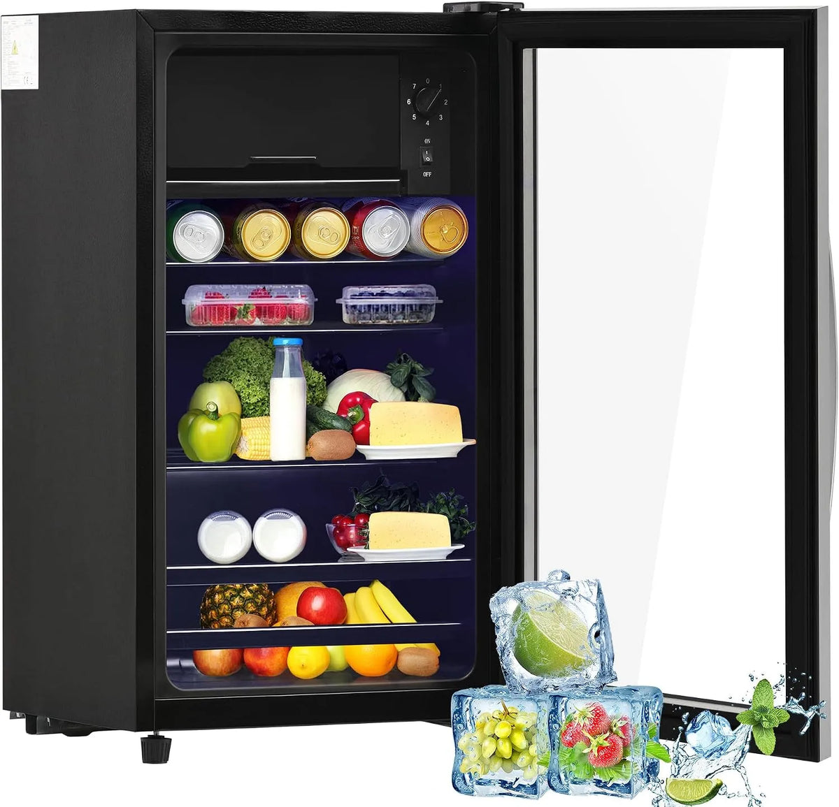 Kühlschrank, 76 L, Outdoor, Gefrierfach, Glas, Camping, Schwarz, 76L Mini Kühlschrank mit 6L Gefrierfach