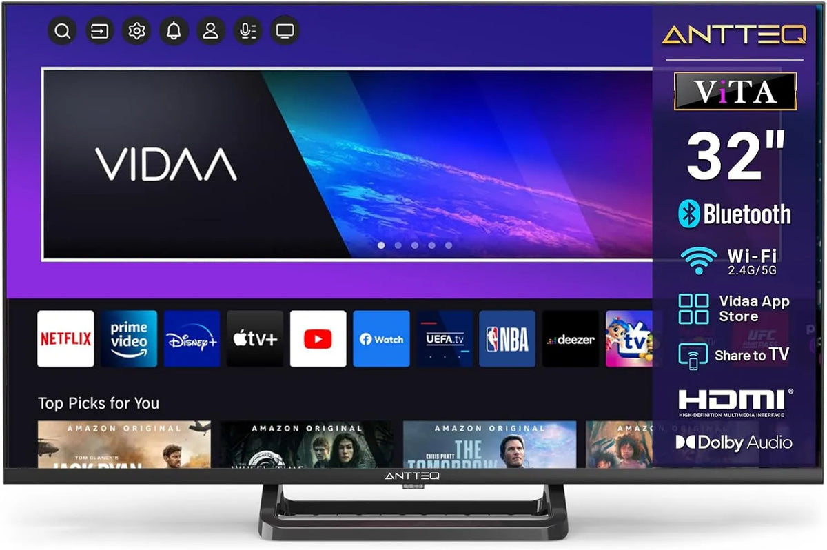 Smart TV V32-AH3Q1L-BT, 32 Zoll, Fernseher, Triple-Tuner DVB-T2, S2, WLAN, Bluetooth, App Store, UVM, DAZN, mit Mittelfuß, Voice Remote Control
