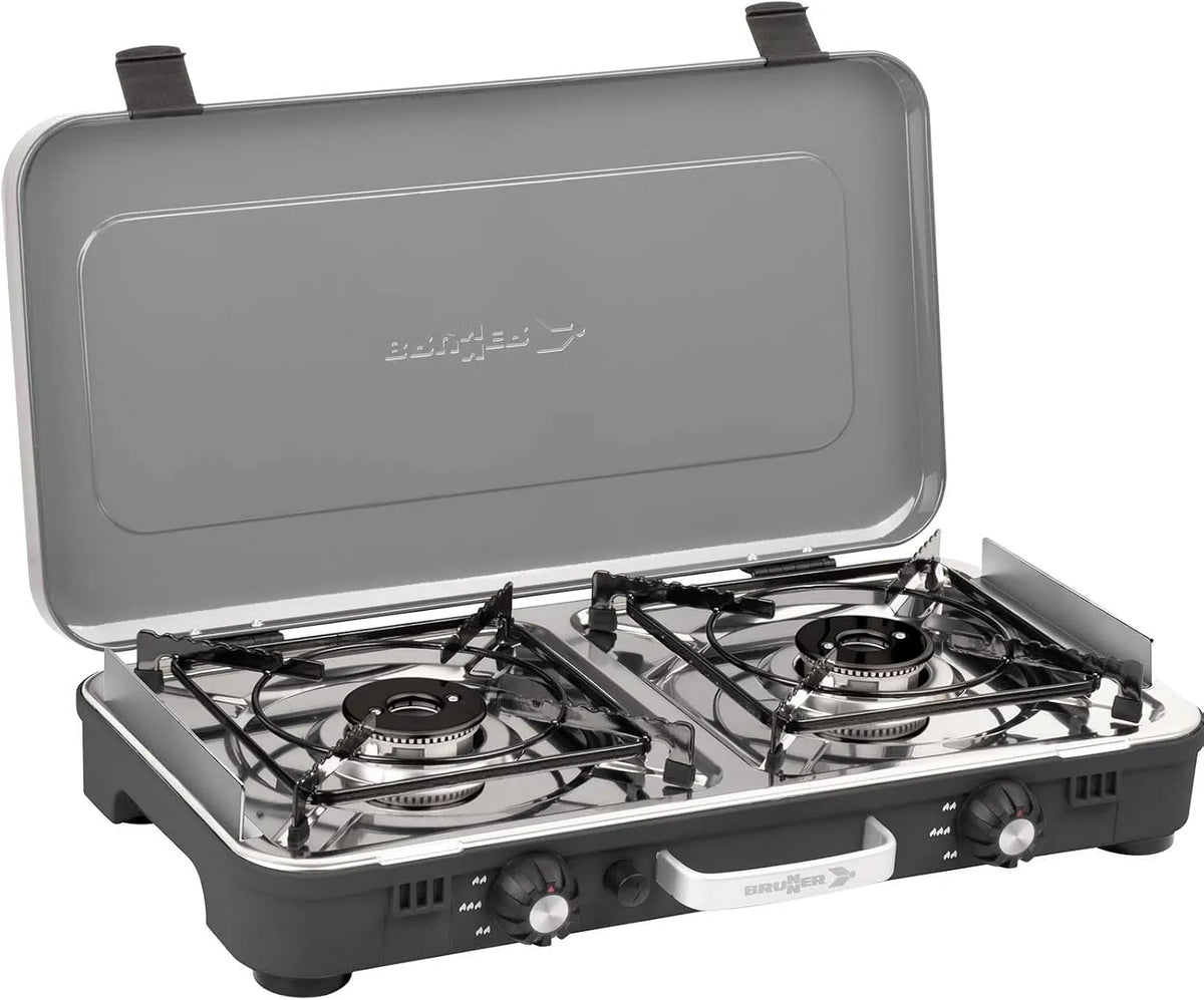 Campingkocher, BRUNNER 2-flammig 50mbar, BRUNNER Camping-Kocher 2-flammig Gaskocher POWERKOOK 50mbar Druckminderer