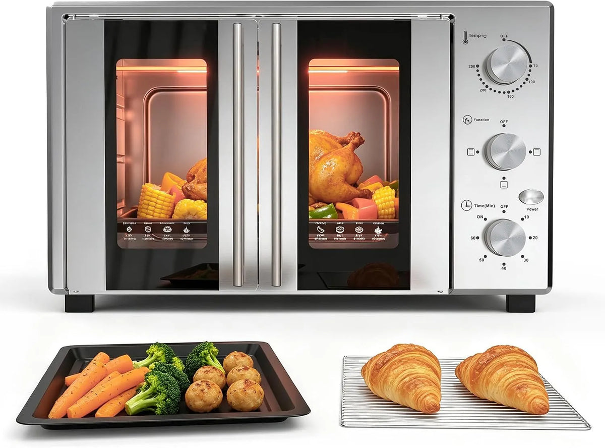 Elektrischer Pizzaofen, 38 L, 1600 W, 70 bis 250 °C, Timer, Thermostat, 3 Heizmodi, Backofen Klein für Pizza, Pizzaofen Elektrisch 1600W mit Doppeltür