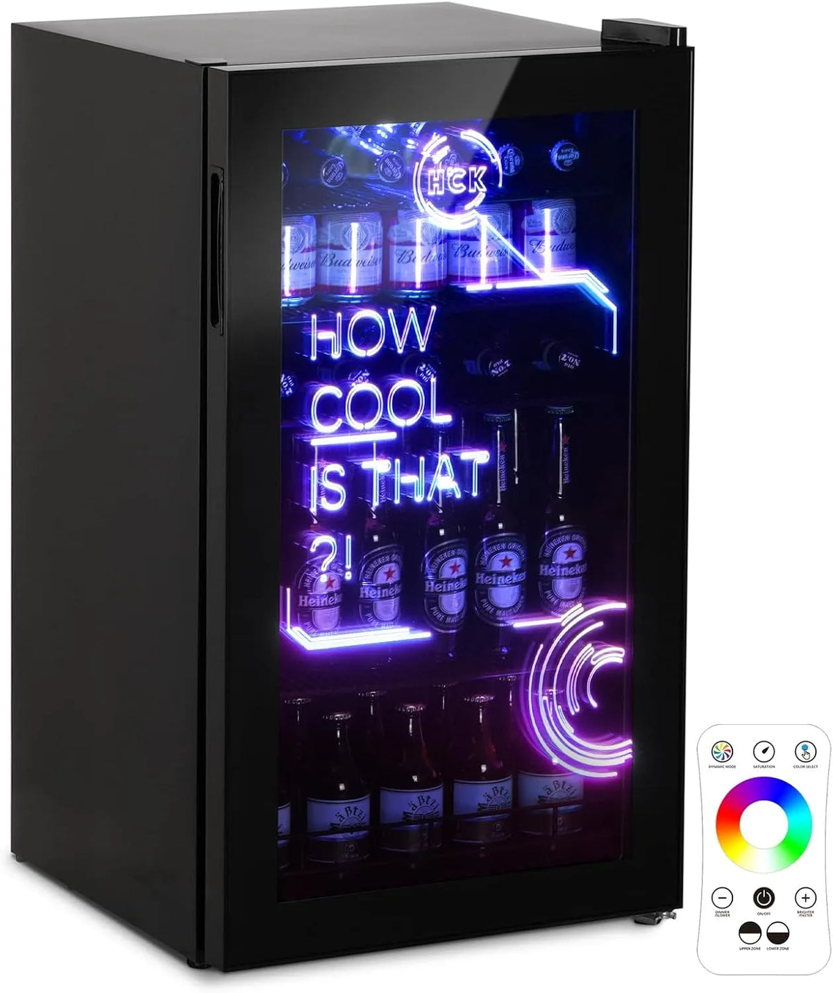 Kühlschrank, 98 L, 0 bis 15 °C, 39 dB, Glas, Schwarz, lautlos 39dB, Küche, HCK 98L Getränkekühlschrank mit Cyberpunk RGB Beleuchtung