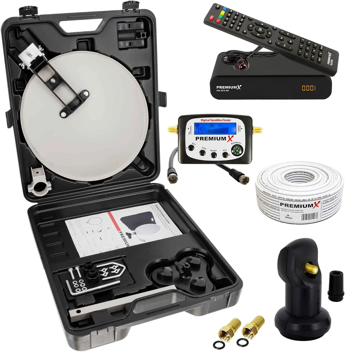 Smart TV 10m, Fernseher, Camping, Premiumx Camping SAT Anlage Satellitenschüssel TV Receiver Satelliten-Finder LNB 10m Kabel F-Stecker kompakt im
