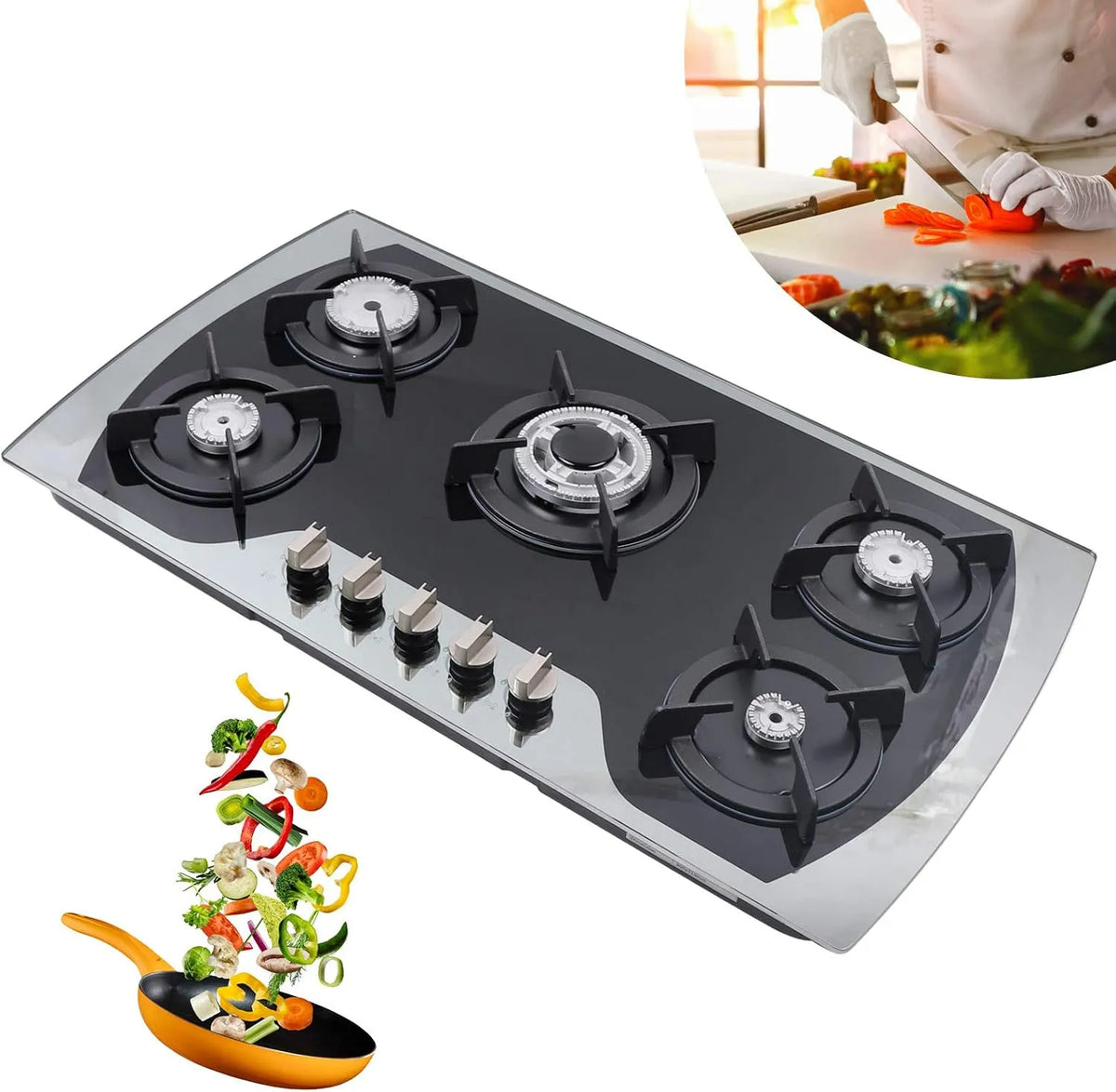 Gaskochfeld, 35.4 Zoll, 90 × 51cm, Einbau, autark, gewerblich, Edelstahl, Gaskocher, häusliches kommerzielles Kochen