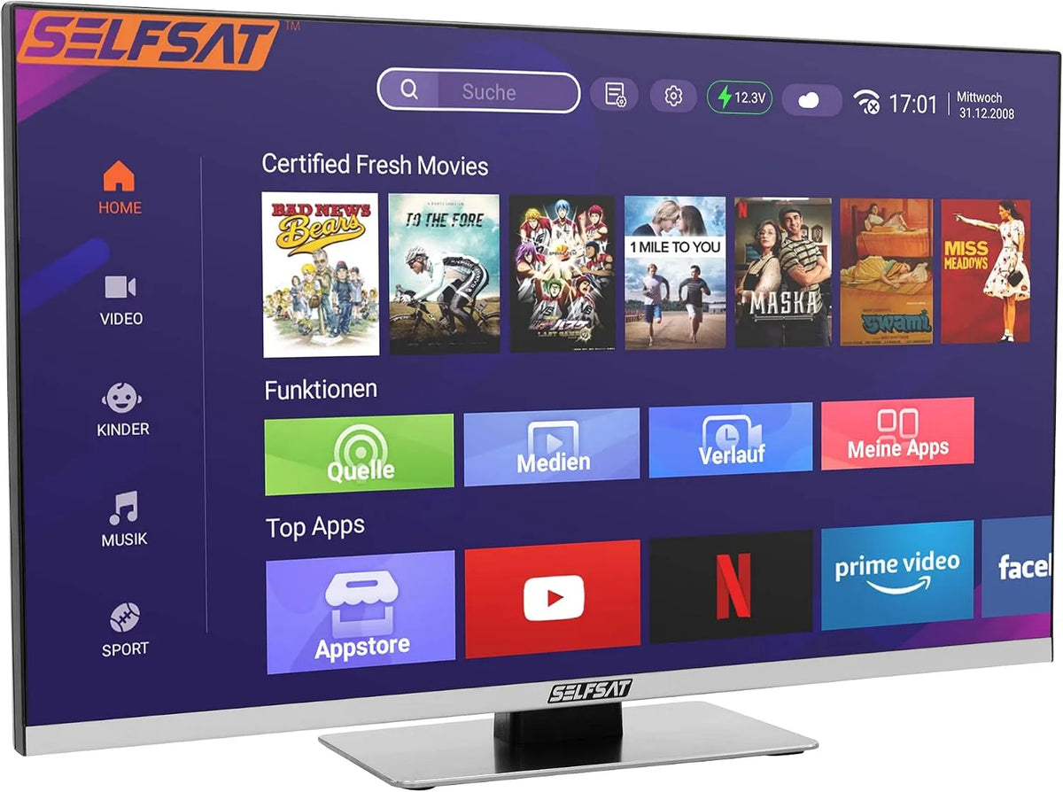 Smart TV 60cm, 24, Fernseher, rahmenlos, WLAN, Bluetooth, DVB-S2, SELFSAT SMART LED TV 1260