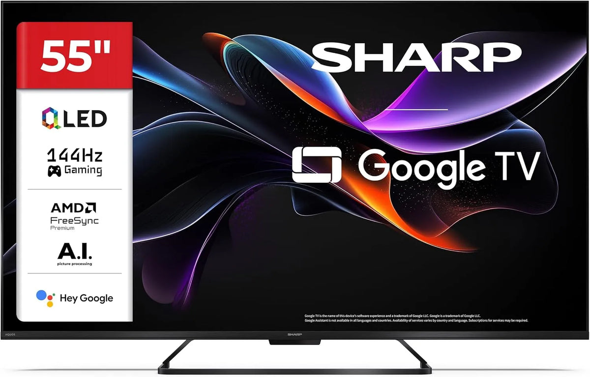 Google 55HR7365E USBx2 Smart TV, 55 Zoll, 144 Hz, Fernseher, 4K UHD, QLED, HDR, Dolby Audio, HDMI, rahmenlos, Bluetooth, Schwarz, Dolby Atmos 2x12 W
