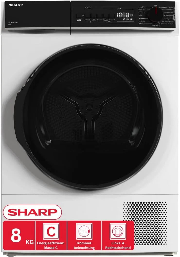 Sharp KD-PRO8S7GWC-DE 20-Minuten-Schnelltrockenprogramm Wäschetrockner, 8 kg, WLAN, Weiß, 15 Trockenprogramme inkl, 8kg, WiFi