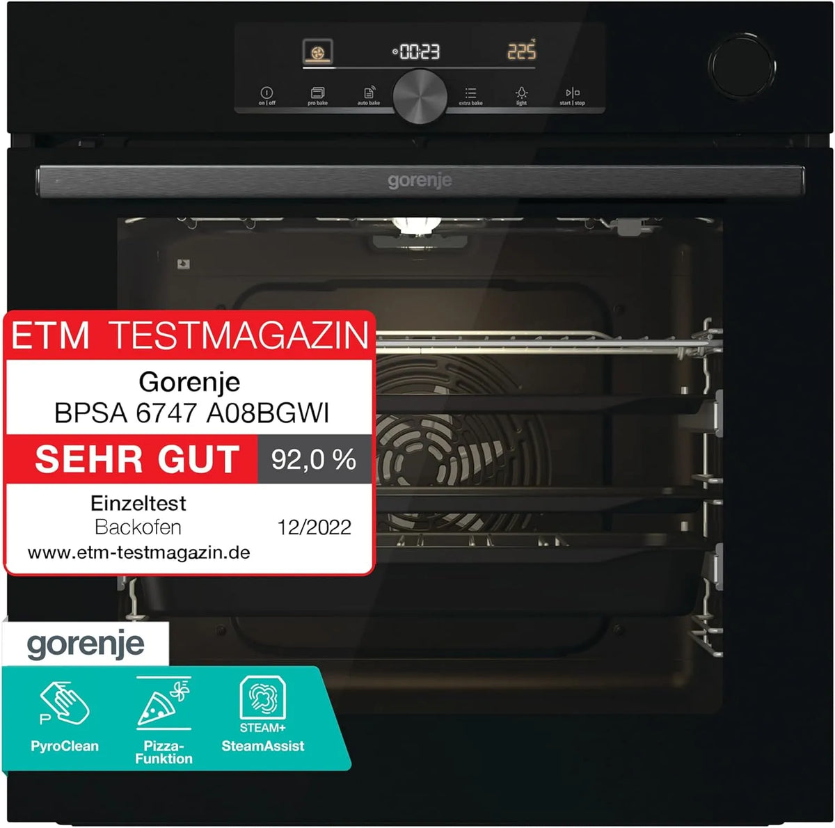 Gorenje A08BG Elektrischer Pizzaofen, 77 L, Einbau, Touch-Bedienung, Schwarz, 77L, PizzaMode 300°C, Pyrolyse, SteamAssist, Heißluft, AutoBake