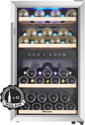 Weinkühlschrank KRC-45BSS, 120 L, 45 Flaschen, 5 bis 10 °C, freistehend, Edelstahl, Zwei Kühlzonen 5-10°C, 10-18°C, bis zu 310 mm Höhe, Kalamera