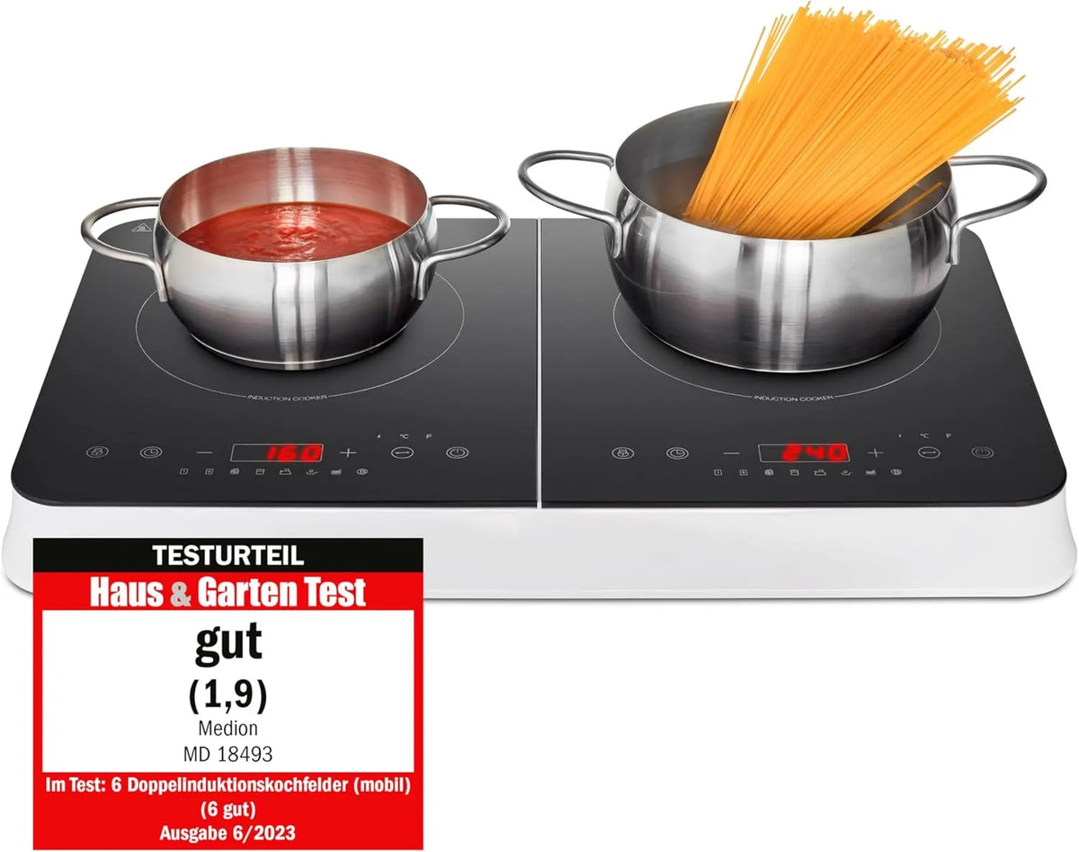 Modell MD18493, LED Display, 3500 Watt, 10 Temperaturstufen, schwarz, MEDION Doppel-Induktionskochplatte, Zwei Kochplatten