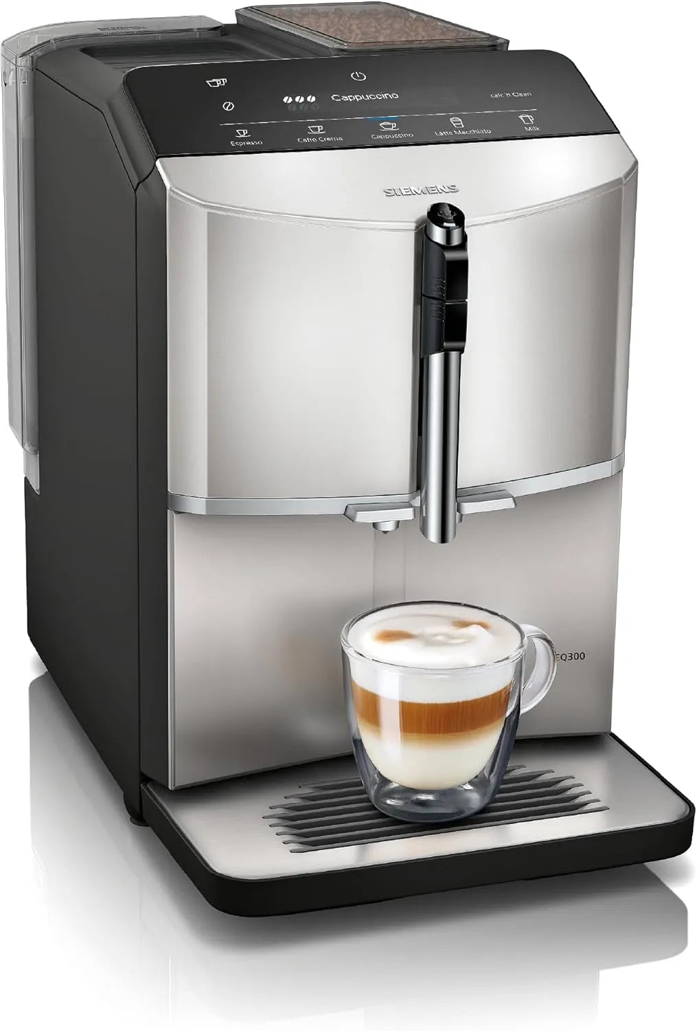 Siemens EQ300 TF303E07 Kaffeevollautomat, LCD-Display, Silber, entnehmbare Brüheinheit, Milchaufschäumdüse für Cappuccino, 5 Kaffee- und Milchgetränke