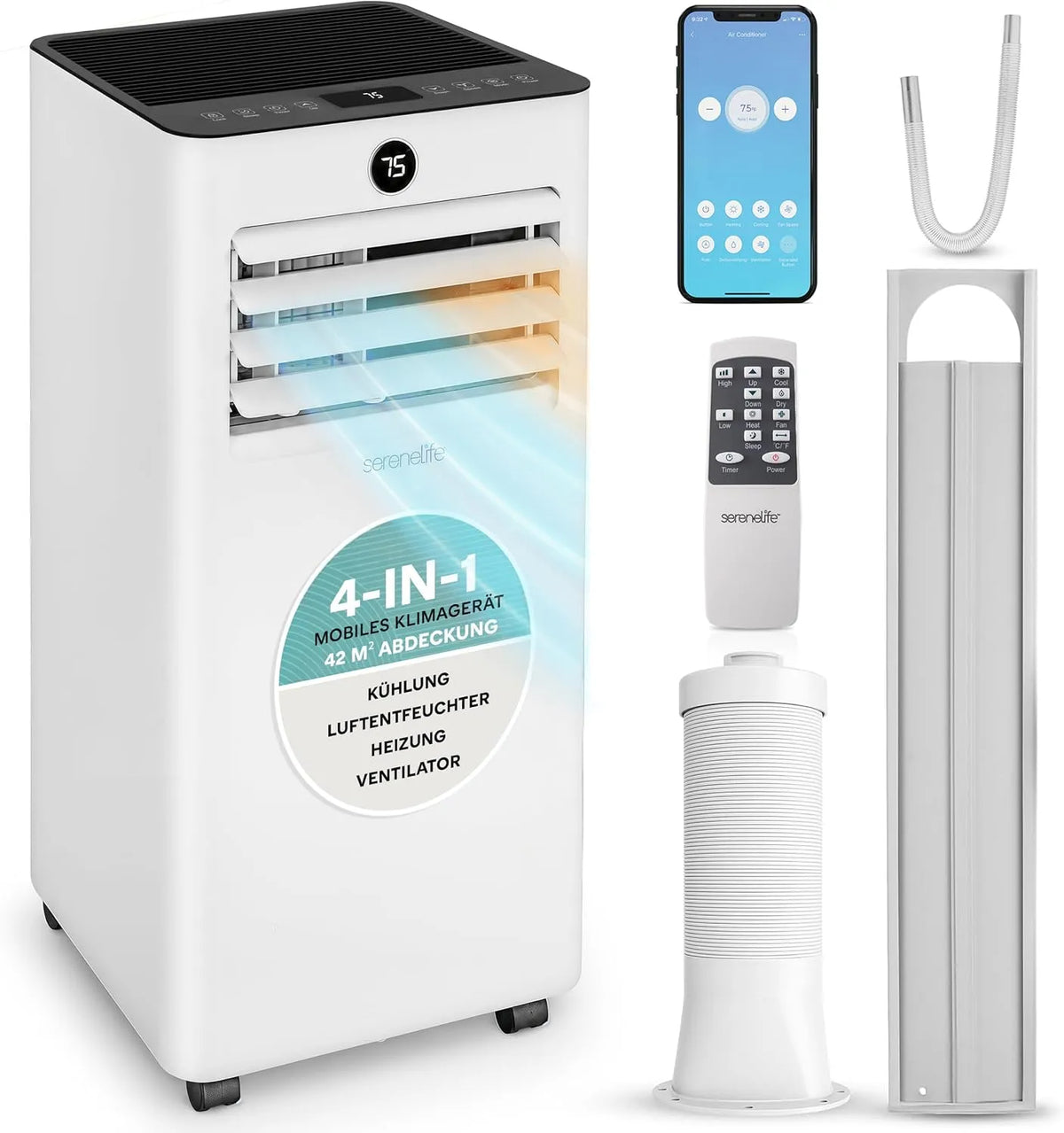 Klimaanlage, 55 dB, SereneLife 9000BTU 4-in-1, Timer, WLAN, 24h Timer, bis 31 m2, Heizen Ventilator und Entfeuchter, 55dB, Kühlen, Inkl. Fensterkit