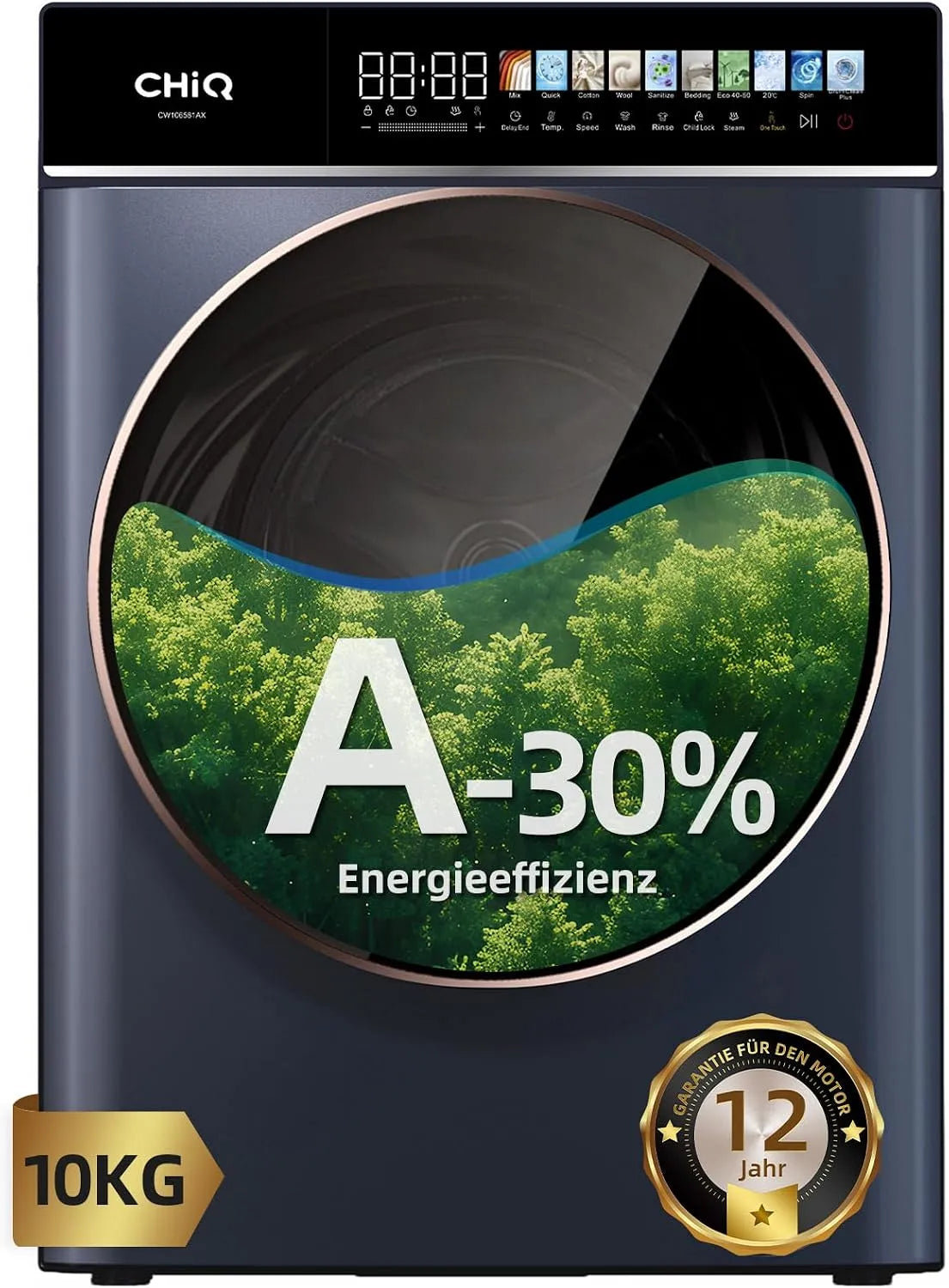 Waschmaschine, 10 kg, Touch-Bedienung, LED-Touchscreen, EEK A-30%, 1400 U, CHiQ Waschmaschine 10 kg