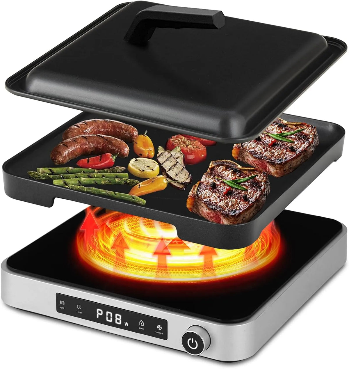 Induktionskochfeld, 2000 W, Induktionsplatte, Touch-Bedienung, Outdoor, Grill, Camping, Küche, 10+5 Stufen