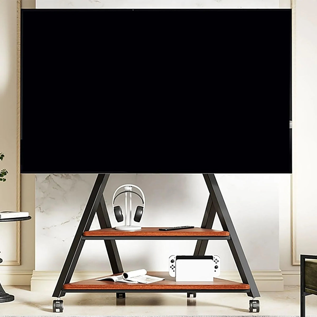 TV-Möbel, 85 Zoll, Transportrollen, Höhenverstellbarer Fernsehständer, Trägt Bis zu 60 Kg, Mobiler TV Ständer, Rollender TV Standfuss mit Medienablage