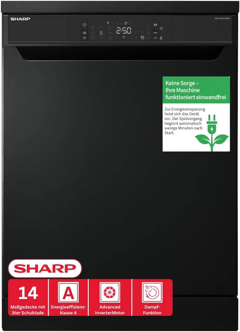 Sharp QW-NA3YF42AM-DE Geschirrspüler, 60 cm, 42 dB, freistehend, WLAN, Schwarz, 14 Maßgedecke, SteamWash, DualProWash, EcoWash, AutoDoor