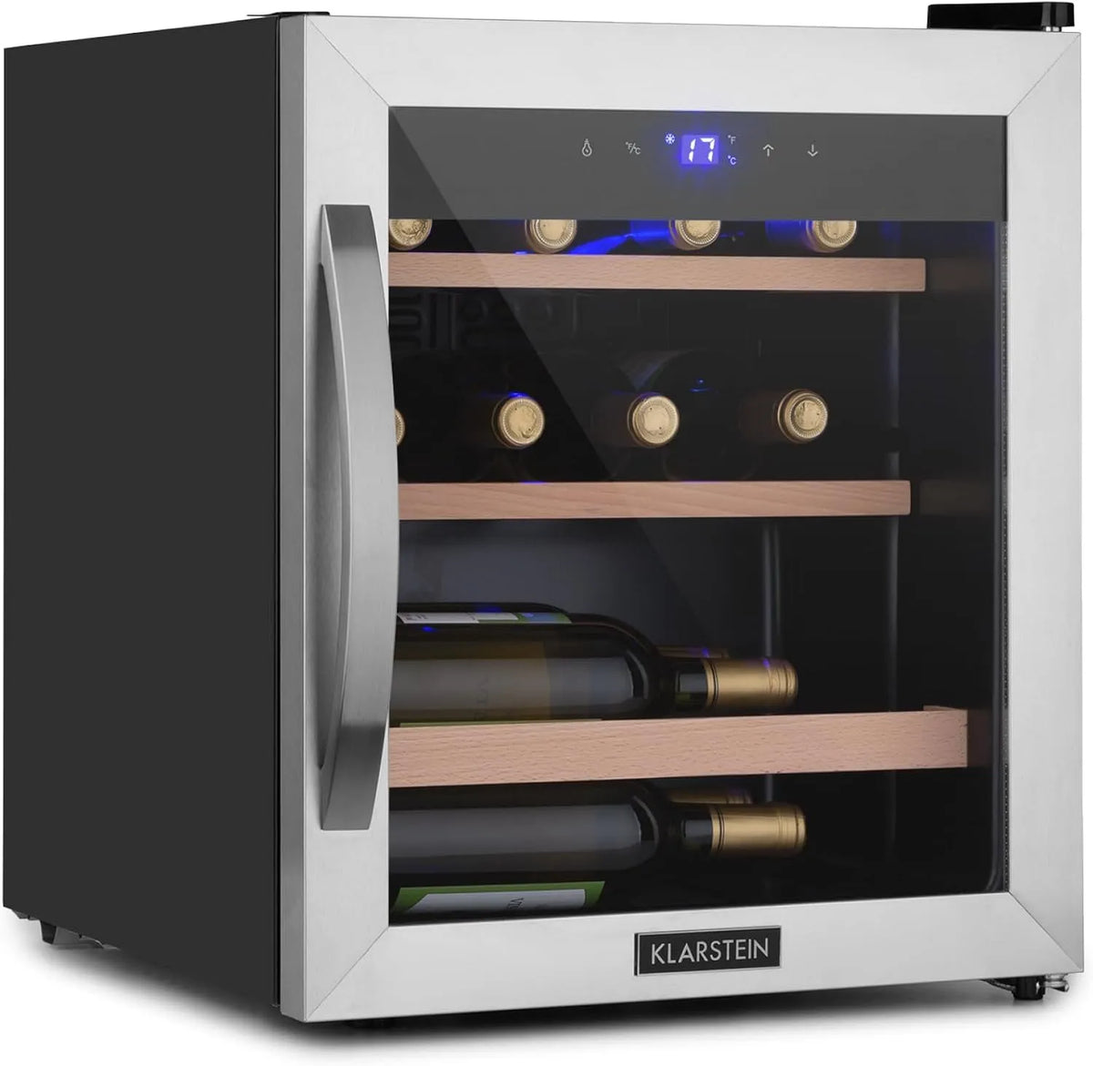 Klarstein Weinkühlschrank, 12 Flaschen, 1 Kochzonen, 4 bis 18 °C, Glas, schmal, freistehend, UV-Schutz, Weinkühlschrank Klein, Getränkekühlschränke
