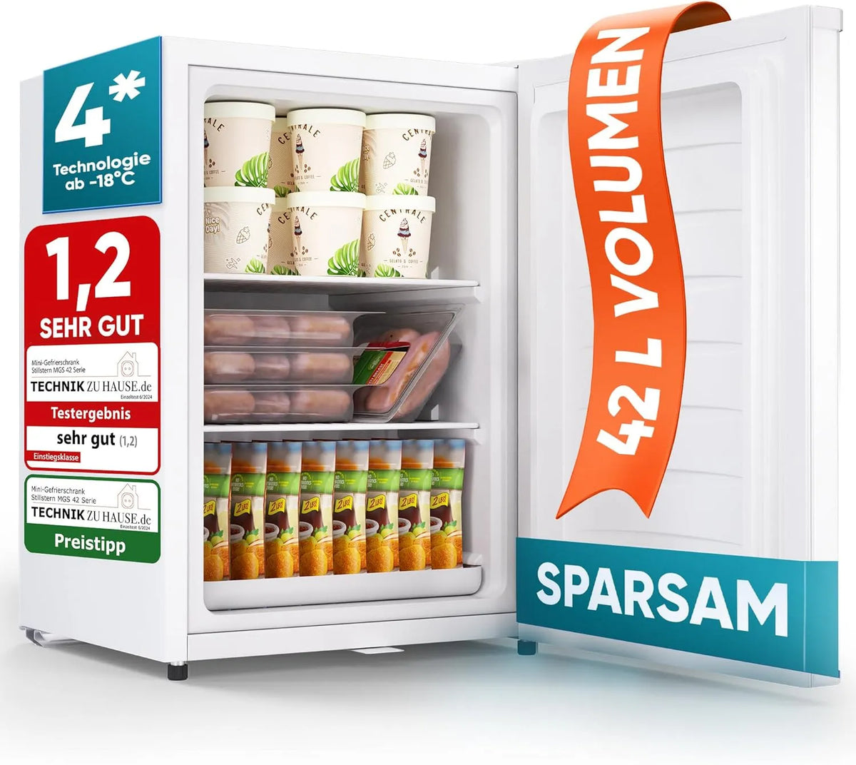 Gefrierschrank 4-Sterne, 42 L, Gefrierfach, Camping, Tiefkühlschrank, Weiß, Türanschlag wechselbar, -18°C, Stillstern Mini Gefrierschrank, 42L
